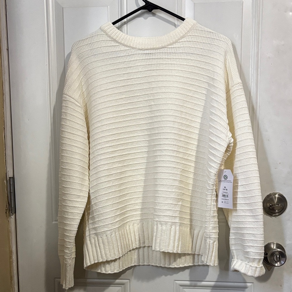 Cream Ribbed Crewneck Sweater - Women's